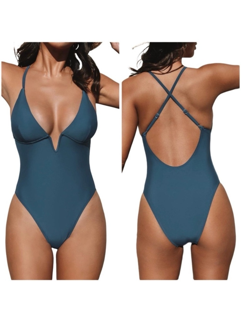 Cupshe Blue Plunging V-Neck One Piece Swimsuit Criss Cross Back Medium 8/10